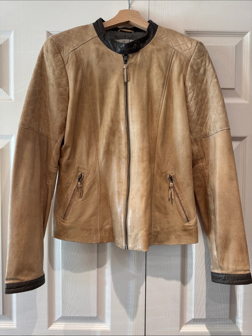 Women's Light Tan Leather Zip Jacket with Contrast Trim